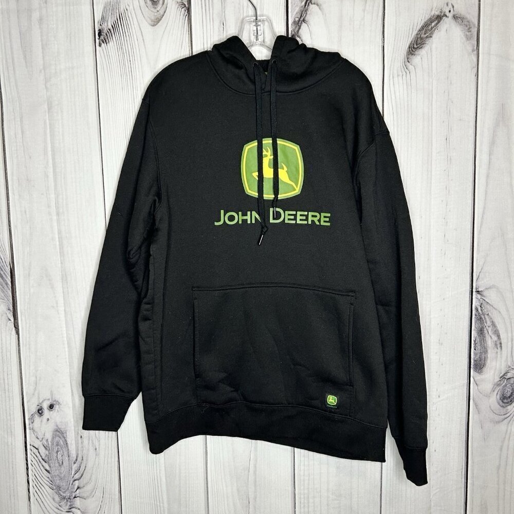 John Deere Tractors Fleece Pullover Hoodie Logo Sweatshirt Black Mens Sz L